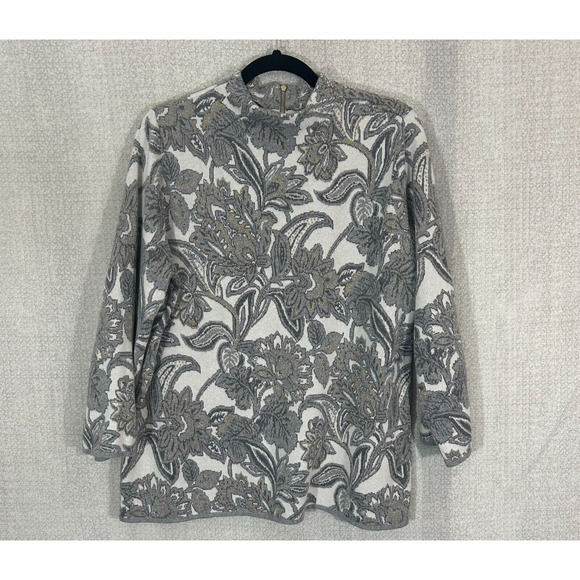 Chicos Sweater Womens XL 3 Gray Metallic Floral Back Zip Cashmere Blend Career - Picture 1 of 8